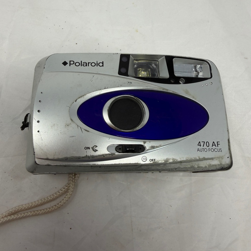Polaroid 470 AF Auto Focus 35mm Point and Shoot Film Camera Silver Blue Vintage